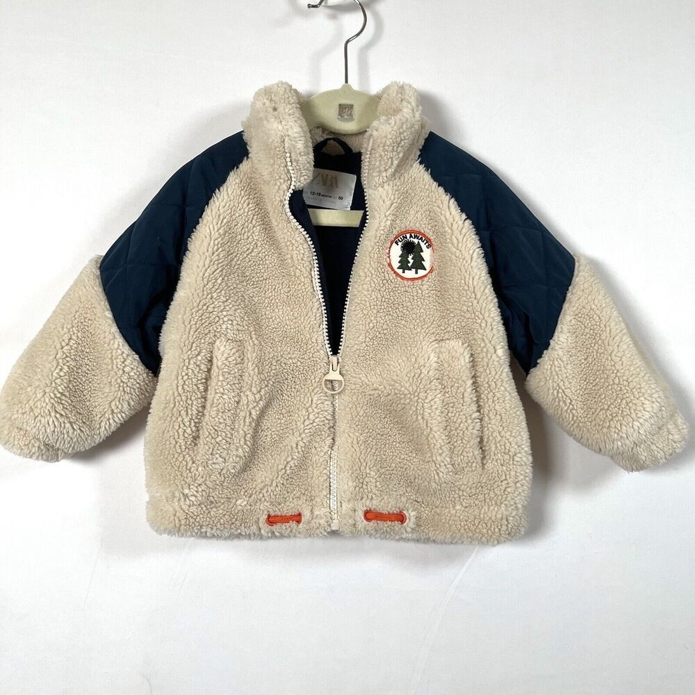 Zara Fleece Toddler Jacket 12-18M Cream Contrasting Beige Navy Pockets Soft Cozy